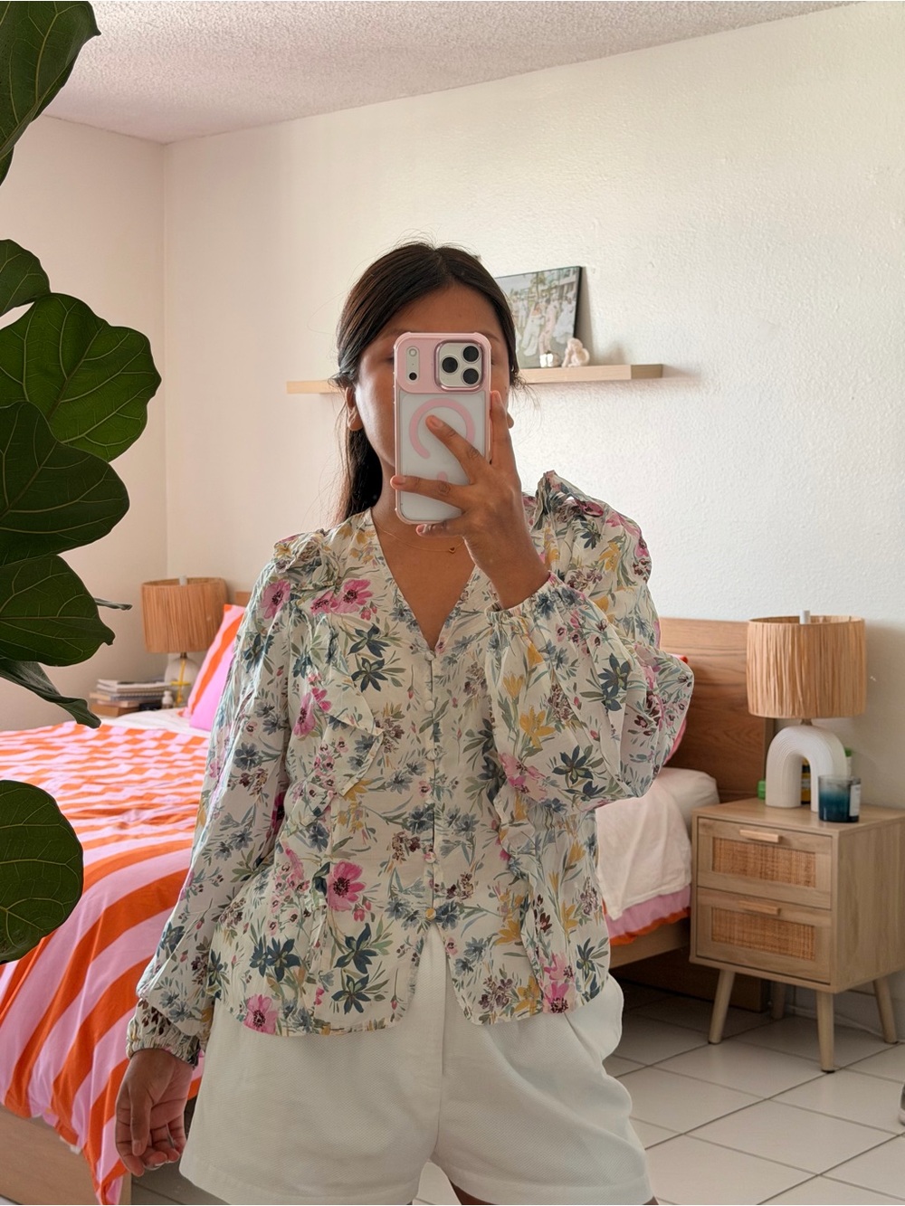 GAP Floral Button-Front Blouse with Pink & Green Print